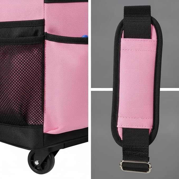 Cleaning Supplies Organizer with Wheels Portable Cleaning Bag with Trolley Heavy-Duty Wheeled Organizer Bag for Housekeeping, Pink, 40.6 32 33CM
