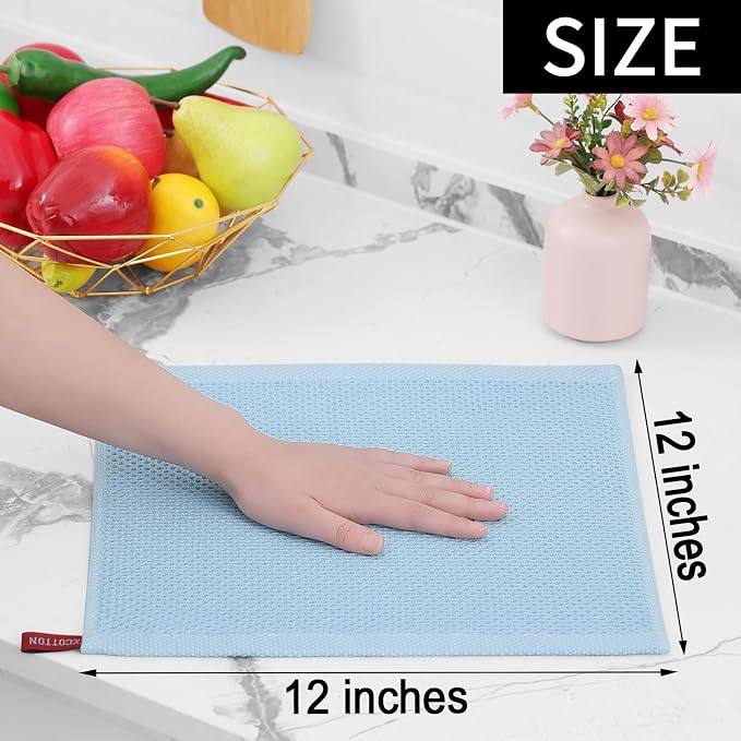 Homaxy 100% Cotton Waffle Weave Kitchen Dish Cloths 8-Pack, Sky Blue | 12 x 12 Inches, Ultra Soft Absorbent Dish Towels, Quick Drying Dish Rags with Hanging Loop