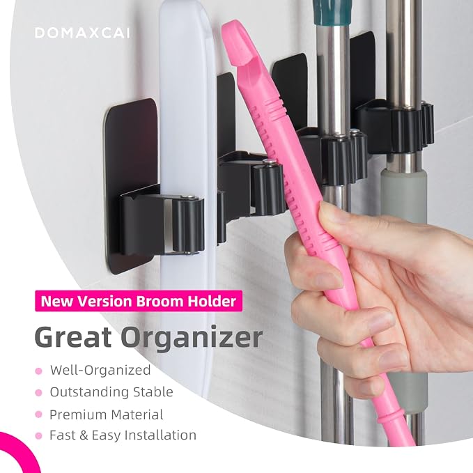 4 Pack Broom Holder Wall Mount, Improved Super Anti-Slip Mop and Broom Holder Wall Mount, Broom Hanger Gripper for Kitchen, Bathroom, Closet, Garden Garage, Black