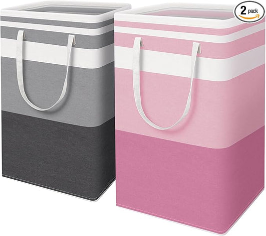 HomeHacks 2 Pack Laundry Baskets, Laundry Hampers Bags (Grey+Pink 88L) | Waterproof, Freestanding, Collapsible Clothes Hamper with Reinforced Handles in Laundry Room, Dorm, Bathroom, Bedroom
