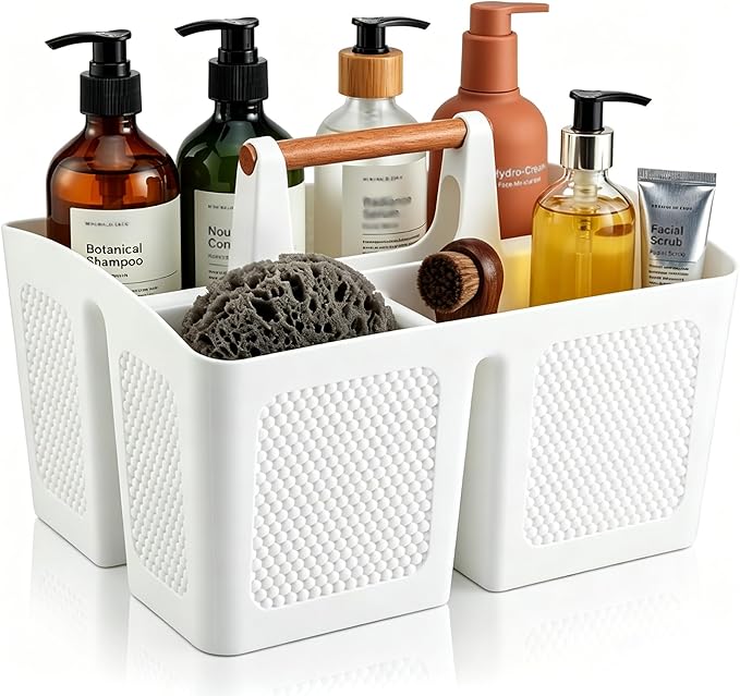 Haundry Plastic White Shower Caddy Basket with 3 Compartments, Portable Divided Bathroom Cleaning Caddy Organizer Storage Tote with Handle for Dorm, College, Room Essentials