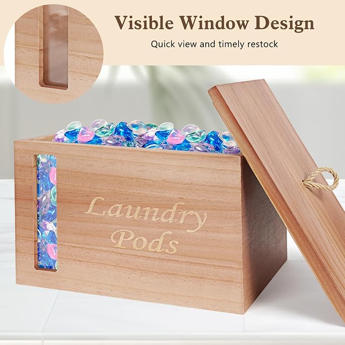 2 Pcs Laundry Pods Container & Dryer Sheet Holder with Window, Walnut Brown | Solid Pine Wood Laundry Organizer with Lid and Visible Window for Farmhouse Laundry Room Storage, Laundry Room Refresh