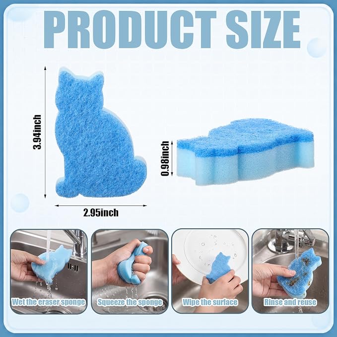 Tioncy 12 Pack Cat Shaped Sponges Cute Dual Sided Non Scratch | Reusable for Dishwashing Cookware Pot Pan, Cute Kitchen Cleaning Accessories, Non Scratch Bulk Household Supplies