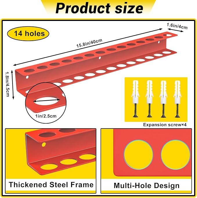 Screwdriver Plier Organizer Wall Mount,16" Screwdriver Holder,Red | 14 Holes Plier Holder,Heavy Duty Metal,Easy Install,Screw Organizer for Garage,Workshop,Workbench,Tool Chest,Space Saving