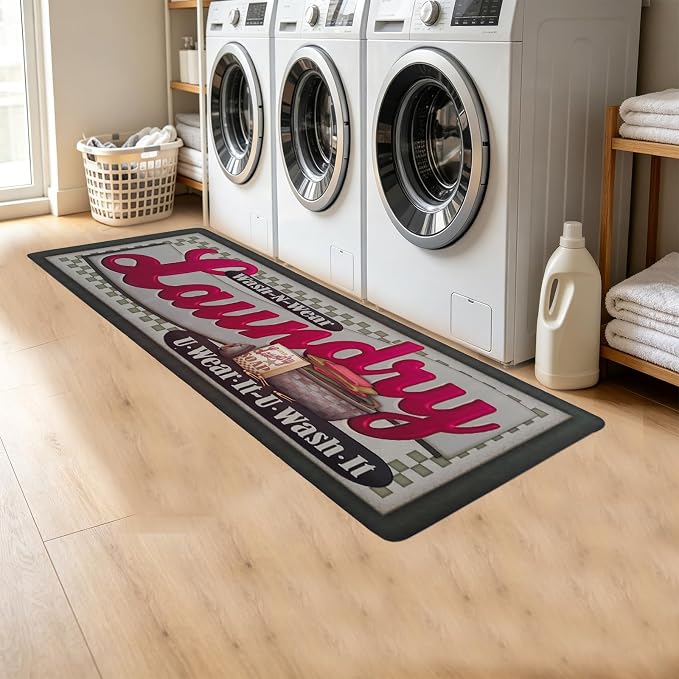 Abreeze Farmhouse Laundry Runner Rug Vintage Rug for Laundry Room Rubber Backer Mat Floor Runner Carpet Kitchen Mats 20''x48'',Red Letter