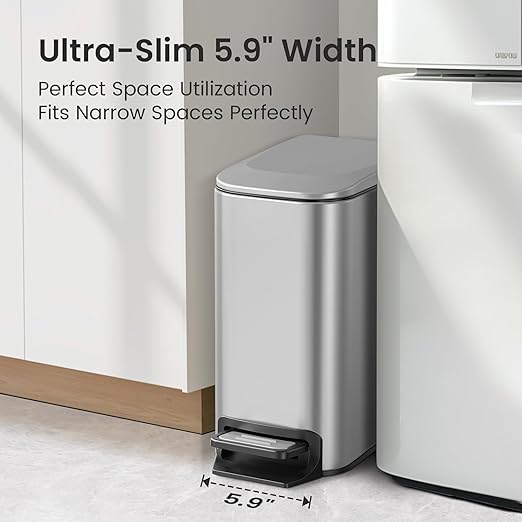 Cesun Small Bathroom Trash Can with Lid, 1.6 Gal, Soft Close, Sliver | Step pedal soft close, Slim 5.9in fits narrow spaces, Stainless steel, Anti-fingerprint, Removable inner bucket, Odor seal