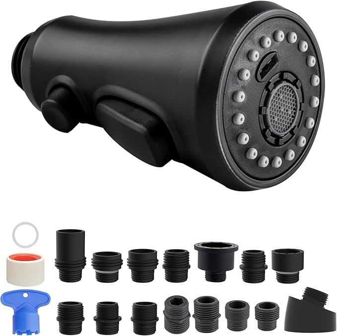 Hibbent Pull Down Spray Head for Kitchen Faucet, 3-Function Sink Nozzle | NSF/ANSI/CAN 61/372 & cUPC Certified Faucet Head Replacement, 15 Adapters, Compatible with Moen, Delta, Kohler, Matte Black