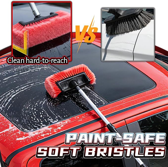 65" Flow-Thru Car Brush, Red | Hose attachment links to water. Soft bristles clean truck & RV roofs. 4-pc extendable aluminum pole & storage bag included.