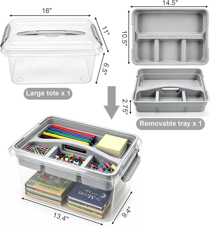Yesland Portable Craft Storage Box with Removable Tray and Handle, 16x11x6.5 Inch Plastic Art Supply Organizer Container for Stationery, Sewing, Jewelry - Grey