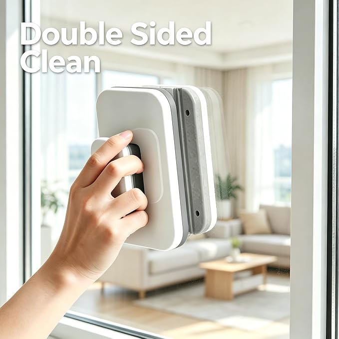 Magnetic Window Cleaner - Double Sided Magnetic Window Washer with Large Grip & Safety Rope - Strong Magnet Glass Cleaner for 3-10mm Windows - Household Cleaning Tool
