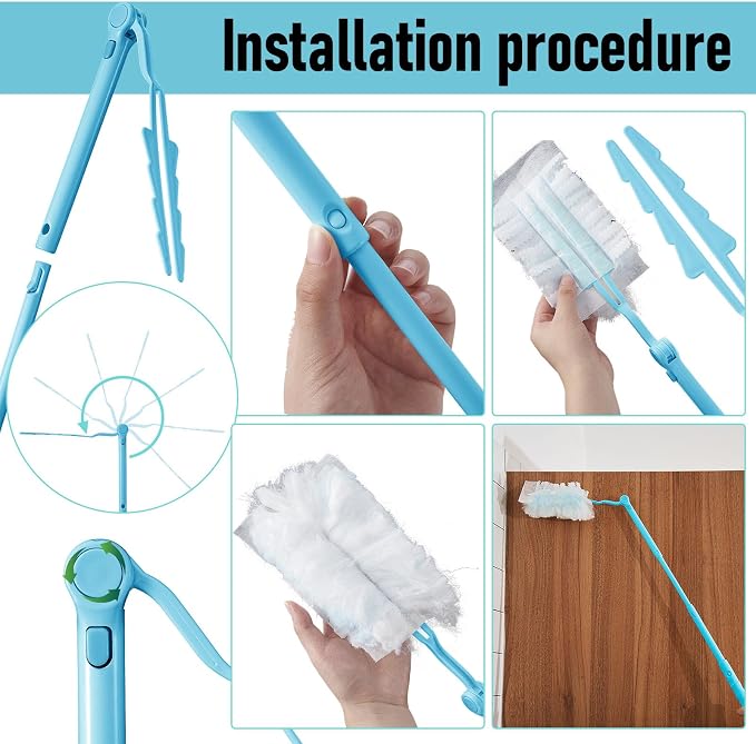 Colingmill 4 Pcs 3 ft Replacement Handles Compatible with Duster Refills | For Ceiling Fans, Blinds, Shelves, Windows, Long Extended Handle Only, Sky Blue, Foldable, Durable PET, 270° Rotating Head
