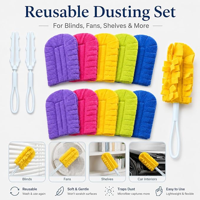 10 Pack Duster Refills with 2 Dusting Wands Reusable Pads | Washable Fleece Cleaning Pads for Blinds Cars Furniture Fans Pet Hair Shelves and Multi Surface Home Cleaning