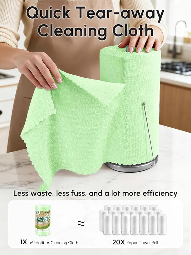Microfiber Cleaning Cloths Roll 75 Pack 12x12 Inch Lint Free | Tear away design, lint free, washable, scratch free, ultra absorbent, for dish rags and household cleaning, Green color