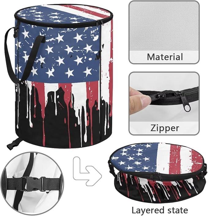 Retro American Flag Collapsible Trash Can 24 Gallon Foldable Garbage Bin with Lid, Heavy Duty Waterproof Trash Bag Holder for Outdoor Camping, RV, Picnic, Vintage Patriotic Design