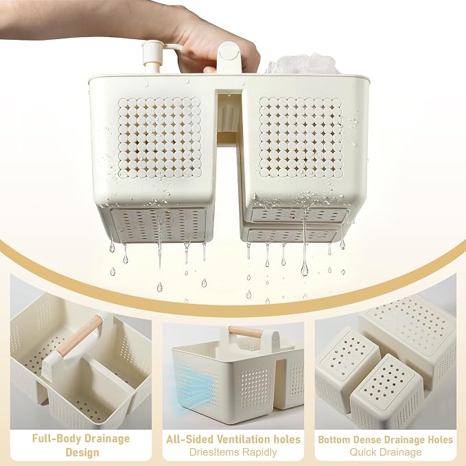 JiatuA Portable Shower Caddy Basket Plastic Caddy Organizer Small Beige | Sturdy Drainage Large Capacity Cleaning Supplies Caddy Tool Storage for Bathroom Kitchen Bedroom College Dorm Essentials