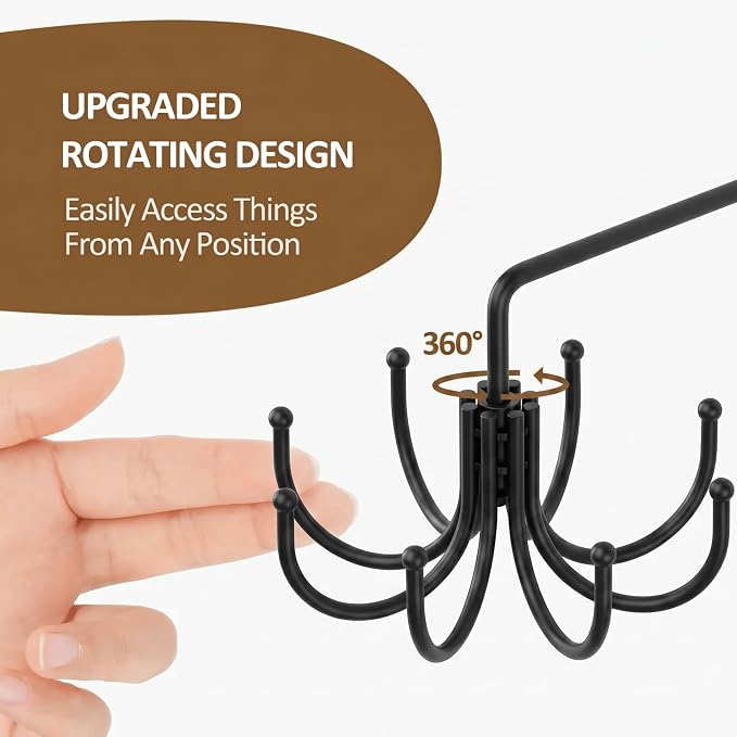 ZEDODIER Kitchen Cooking Utensil Holder, 360° Rotating Kitchen Hooks for Hanging Utensils, Heavy Duty Metal Utensil Rack with 8 Storage Capacity for Utensil, Towel, Pot, Glove, Aprons, Black