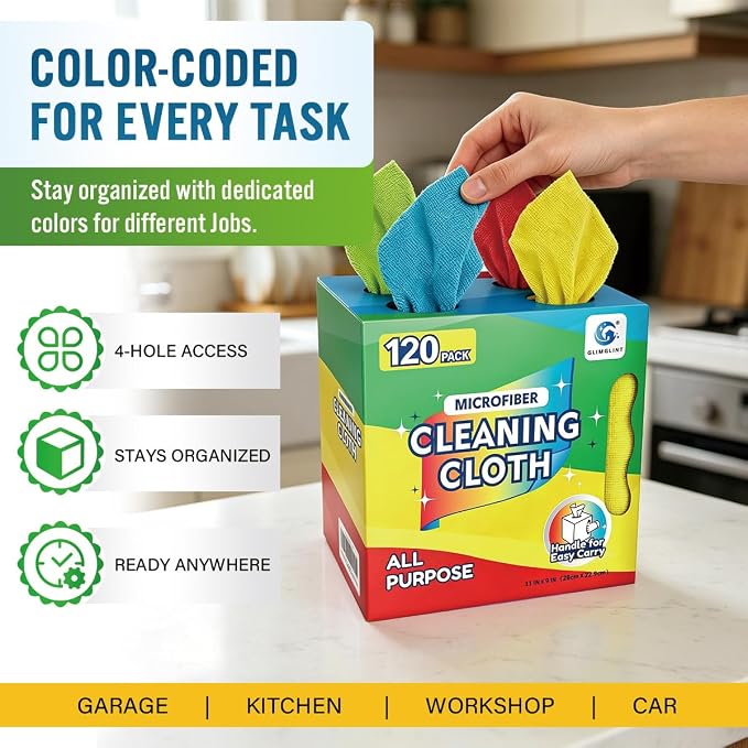 GLIMGLINT Microfiber Cleaning Cloth 120 Pack, Reusable Paper Towels 11 x 9 | Lint Free & Ultra Absorbent Cleaning Rags for Car, Home, Kitchen, Glass & Screen, Washable Shop Towel Rag with Box Multicolor