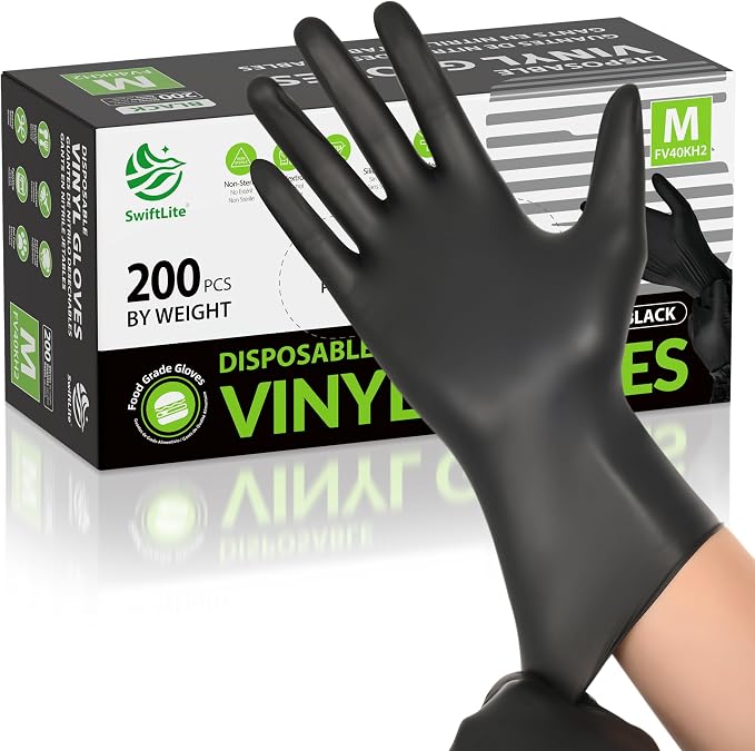 Black Vinyl Gloves, Food Grade Gloves Disposable Latex Free | Powder Free Guantes for Cleaning, Cooking, Food Prep