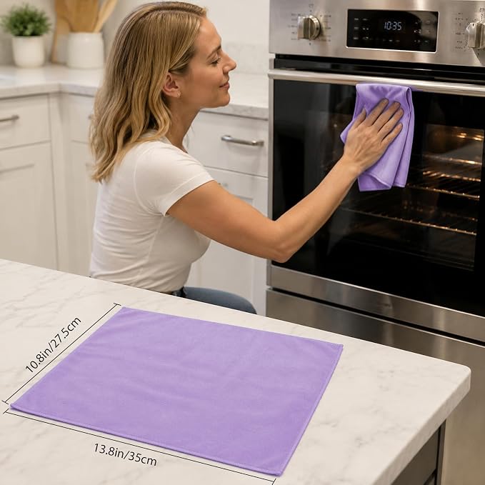 Puomue 12 Pack Microfiber Glass Cleaning Cloth, 10.8 Inch x 13.8 Inch, Lint Free Quickly Clean Windows, Mirrors, Glasses, Phone Screens, Camera Lenses, Purple