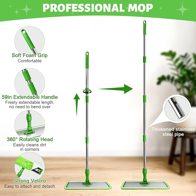 17.7" Microfiber Mop for Floor Cleaning, 360° Rotating Flat Mop with 4 Pads | ,59in Long Adjustable Stainless Steel Handle, 4 Washable Pads for Dry & Wet Cleaning for Hardwood, Vinyl, Laminate, Green