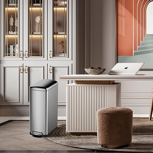 8Gal/30L Slim Kitchen Trash Can, Skinny Stainless Steel Garbage Can with Removable Inner Bucket & Soft Close Lid, Narrow Trash Bin for Bathroom Living Room Office, Silver