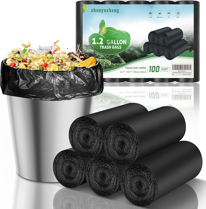 1.2 Gallon Small Trash Bags Biodegradable - Mini Garbage Bag Black Kitchen Bathroom Car (Fit 1-1.3 Gal) Unscented Compostable 100 Count 5 Liter Tiny Waste Basket Liners Chenyucheng