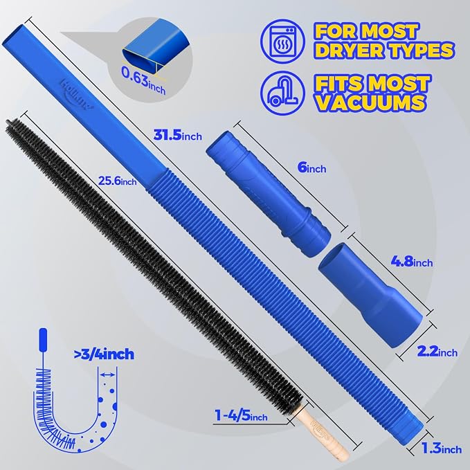 Holikme Dryer Vent Cleaner Kit 2Pack - Lint Vacuum Attachment & Brush | Deep Blue Dryer Vent Vacuum Hose Attachment & Brush Reach Deep Traps - Remove Hidden Lint, Speed Drying & Reduce Fire Risk