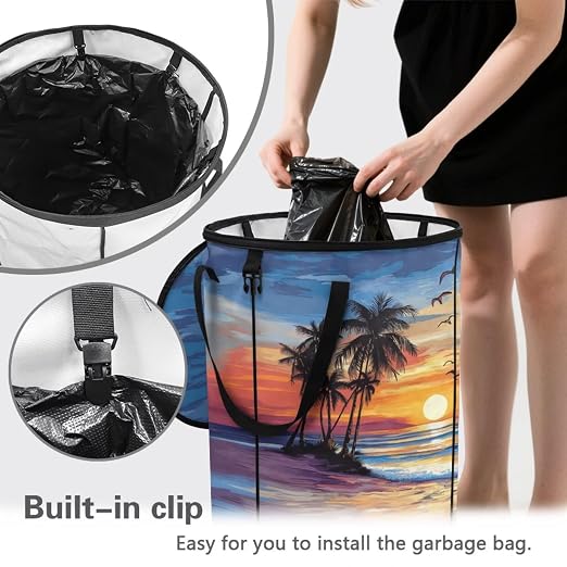 BIGCARJOB Hawaii Palm Camping Trash Can Pop-Up Recycle Trash Can Outdoor Garbage Storage Bag Large Oval Rubbish Bin with Clip and Zip Clid, 22.83x17.71 in