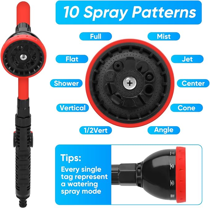 2 in 1 Bendable Watering Wand Heavy Duty for Garden/Car Cleaning | Use with 10 Spray Patterns, 29In Long Hose Nozzle Sprayer, Fits 3/4” Quick Coupling/Garden Hoses