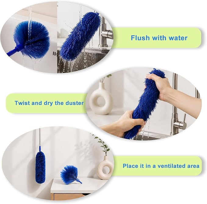 Cobweb Duster with Extension Pole, Spider Web Brush, 100" Microfiber Feather Duster, Washable Cleaning Kit for Ceiling Fan, Furniture, Home, Blue