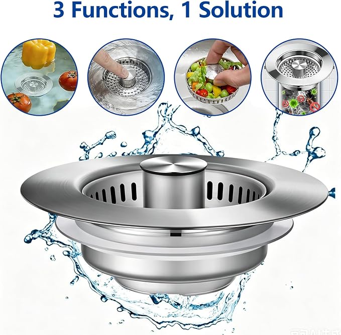MAISHI 3-in-1 Kitchen Sink Drain Strainer & Stopper [2 Pack], 304 Stainless Steel Pop Up Drain Plug with Durable Brass Core, Anti-Clogging Sink Basket and Cleaning Brush, Fits US Standard 3-1/2"