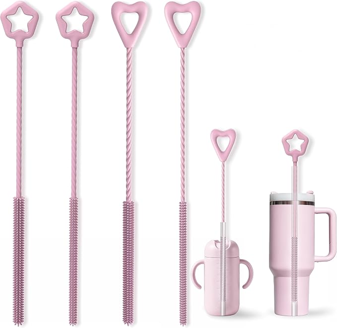 FreshNGo 4-Pack Silicone Straw Cleaner Brush for Tumbler, Pink | Reusable extra-long brushes (6mm/9mm) perfect for cleaning milkshake, metal, and glass straws