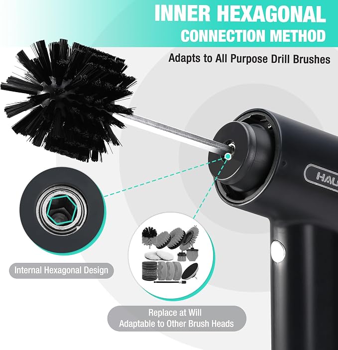 HAUSHOF Cordless Spin Scrubber with 8 Replaceable Heads & 3 Speeds | 7 Replaceable Brush Heads & 1 Knife Sharpener, Storage Design, Max 1000 RPM, for Cleaning Dishes, Kitchen, Sink, Bathroom