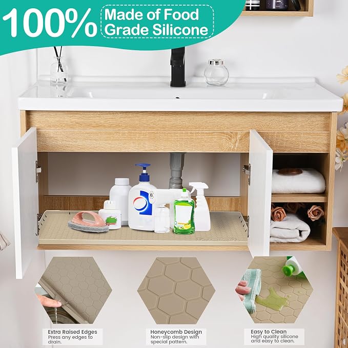 Silicone Under Sink Mat, 28"x19", Waterproof Cabinet Liner, Brown | Shelf Liner, Cabinet Protector, Home Organizer, for Kitchen, Bathroom, Multipurpose, Leak Proof, Easy Clean, Drip Tray, Clean