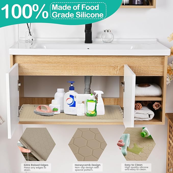 Silicone Under Sink Mat 28"x19", Waterproof Cabinet Liner, LightGrey | Shelf Liner, Cabinet Protector, Home Organizer, for Kitchen, Bathroom, Multipurpose, Leak Proof, Easy Clean, Drip Tray, Clean