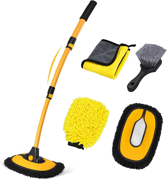Ordenado 15° Curved Car Wash Brush with Long Handle, Car Wash Mop Kit | 43" Microfiber Scratch-Free Car Cleaning Supply with Replaceable Head, Chenille Mitt, Drying Towel, Wheel Brush for RV Truck