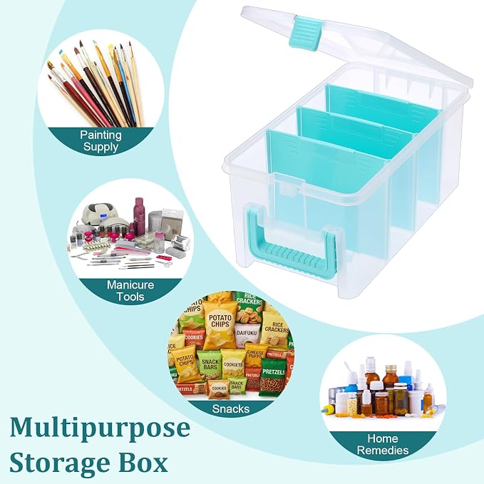 BTSKY Clear Plastic Dividing Storage Box with 4 Deep Compartment Sewing Box | 13.9x7.9x6.2 Inches Adjustable Storage Bin with Lid Portable Craft Storage Container Multipurpose Art Supply Organizer Blue
