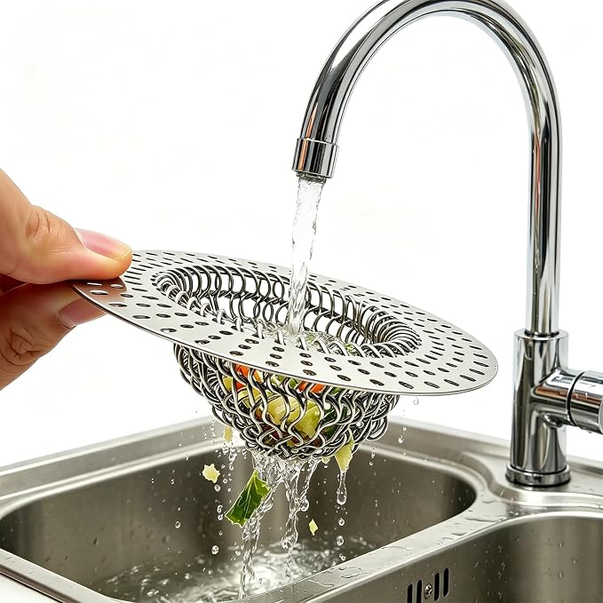 MAISHI 304 Stainless Steel Kitchen Sink Drain Strainer with Cleaning Brush, Flexible Mesh Sink Plug & Self-Cleaning Drain Basket, Reversible Anti-Clogging Kitchen Strainer for Sink (4.25 Inch)