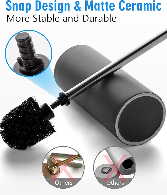 Matt Gray Ceramic Toilet Brush and Holder Set | Freestanding Toilet Bowl Cleaners Brush, Scrubber Brush for Toilet, Bathroom Accessories with Stainless Handle, Deep Cleaning