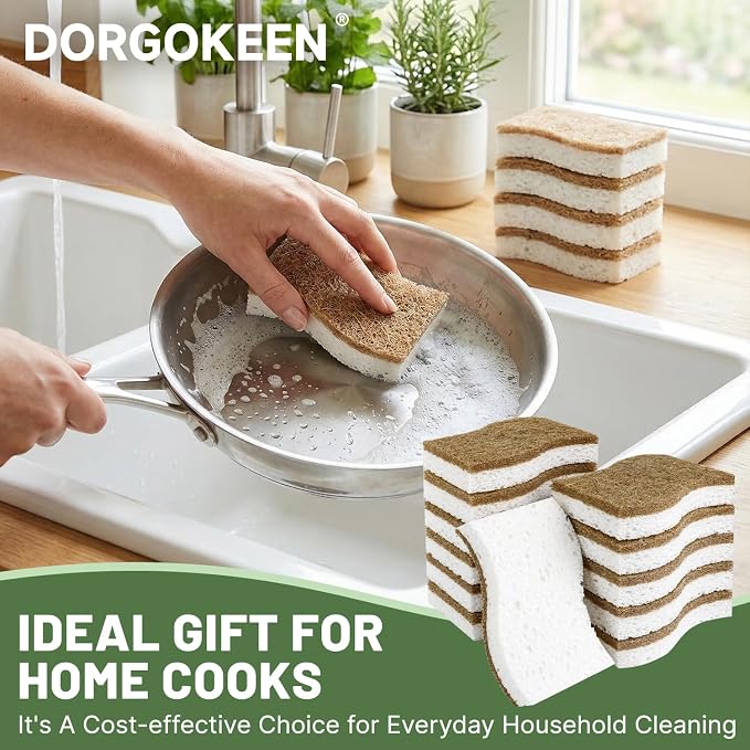 16 Pack Biodegradable Kitchen Dish Sponges, Natural Plant-Based Coconut Fiber and Compostable Cellulose Sponge, Non-Scratch Heavy Duty Sponges for Non-Stick Cookware, Kitchen Household Cleaning