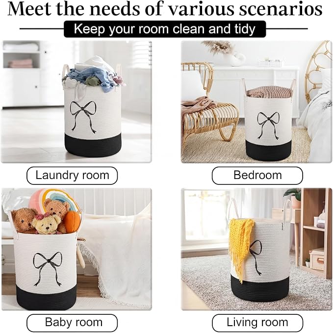 Honeydak Black Laundry Basket Bow Hamper Coquette Laundry Basket Cotton Rope Hamper 15 x 17.7 Inches Toy Box Large Coquette Bow Teens Girls Room Storage for Blanket Toys Clothes Organization