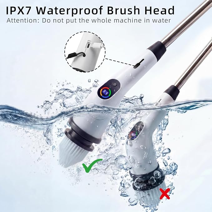 Electric Spin Scrubber Upgraded Cordless Power Cleaning Brush | IPX7 Waterproof, 3 Speed, 180-Minute Battery Life, with 8 Replaceable Heads and Adjustable Extension Handle and LED Display