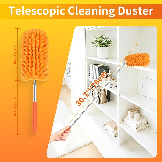 Hand Duster for Cleaning, 360° Bendable Duster with Telescoping Extension Pole, Extendable Washable Mini Dusters for Home, Office, Car, Furniture (2 Pack Green)