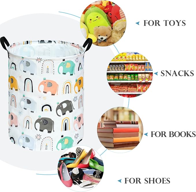 Round Rainbow elephant Pattern Laundry Hamper Clothes Storage Basket Fabric Storage Hamper Organization Storage Bin, Nursery Box,Gift Basket with Handles