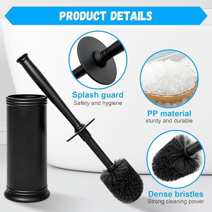 AONEZ Plastic Toilet Brush and Holder Set for Bathroom Cleaning, Black | Extra Long Handle; Splash Guard; Covered Holder; Hard Dense Bristles; Stable Base;
