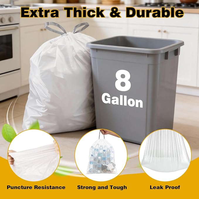8 Gallon Trash Bags with Drawstring, 300 Count | Super Value Medium Garbage Can Liners, Leak-Proof Bathroom Trash Bags for Waste Baskets, Office & Bedroom, 30 Liter