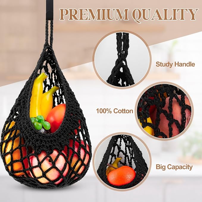 3 Hanging Baskets,Black,Crochet,Cotton Rope | Wicker Wall Baskets with Hooks for Fruit Vegetable Onion Storage, Teardrop Organizer for Kitchen, Boho Farmhouse Decor