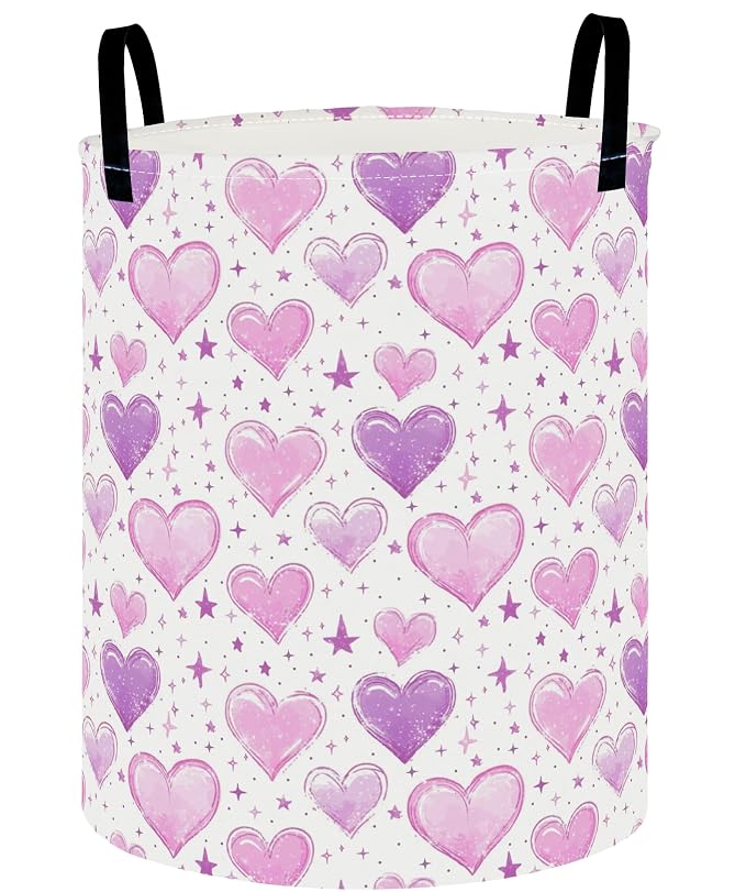 Collapsible Round Storage Basket,Waterproof Soft-Sided Organizer,Laundry Basket(Watercolor Heart)
