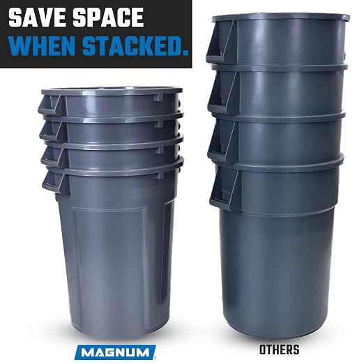 Magnum Gray 44 Gallon Trash Can, Construction Grade, Heavy Duty Plastic, Jobsite Ready for Handling and Holding Garbage CMTC-C000-44G03 (3 Pack)