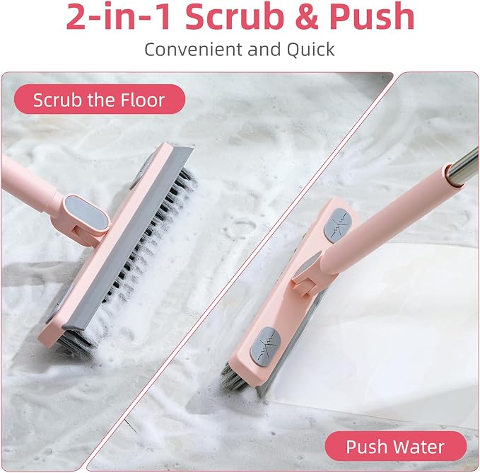 Floor Scrub Brush with Long Handle,Squeegee, Grout Brush | V-Shaped Stiff Bristles, For Tile Line, Bathroom, Crevice, Deck, Swimming Pool, Kitchen, Garage, Yard
